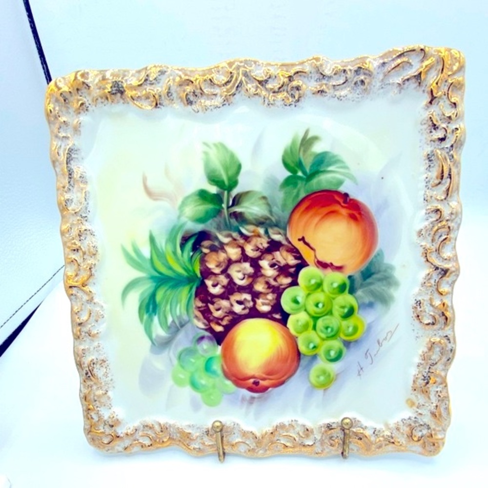 Vintage Hand Painted Porcelain Fruit Wall Hanging. Beautifully Painted Gold Trim